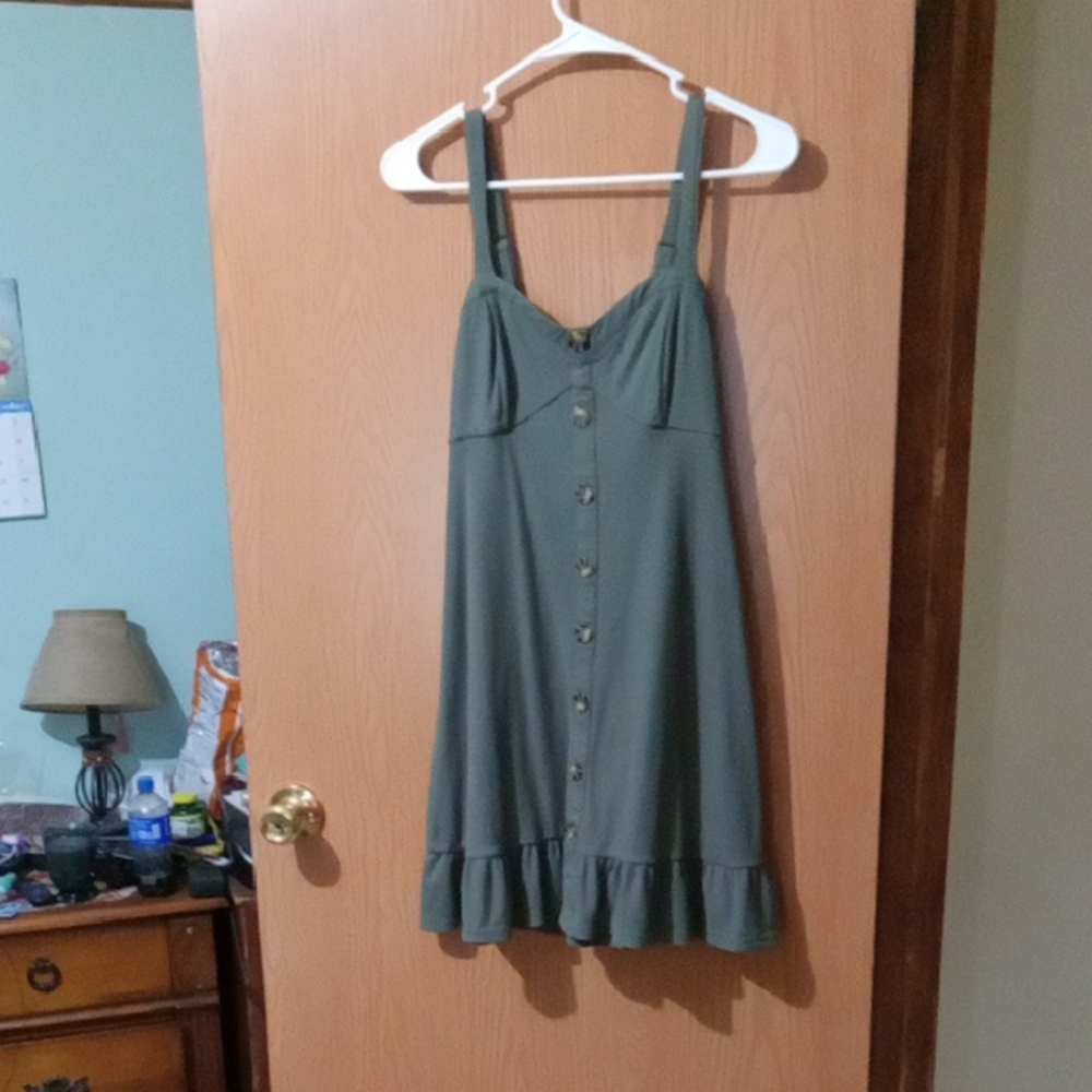 Green Button-Down Dress with Ruffle Hem